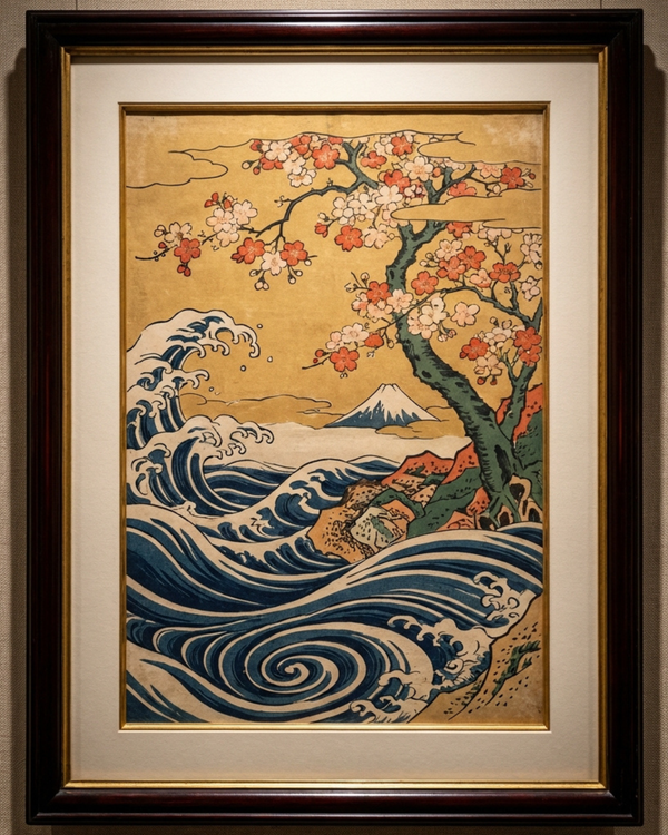 Sakura & Waves | Japanese Ukiyo-e Style Art Print on Awa Washi