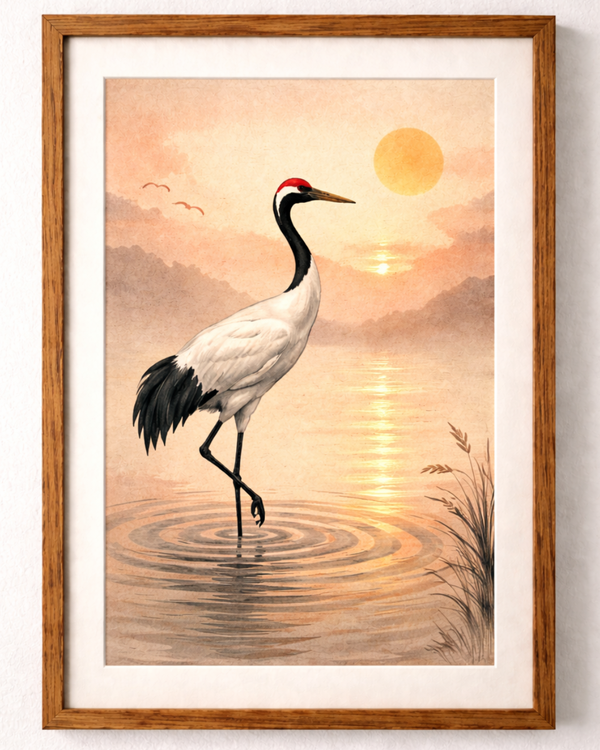 Crane at Sunset | Japanese Art Print on Awa Washi