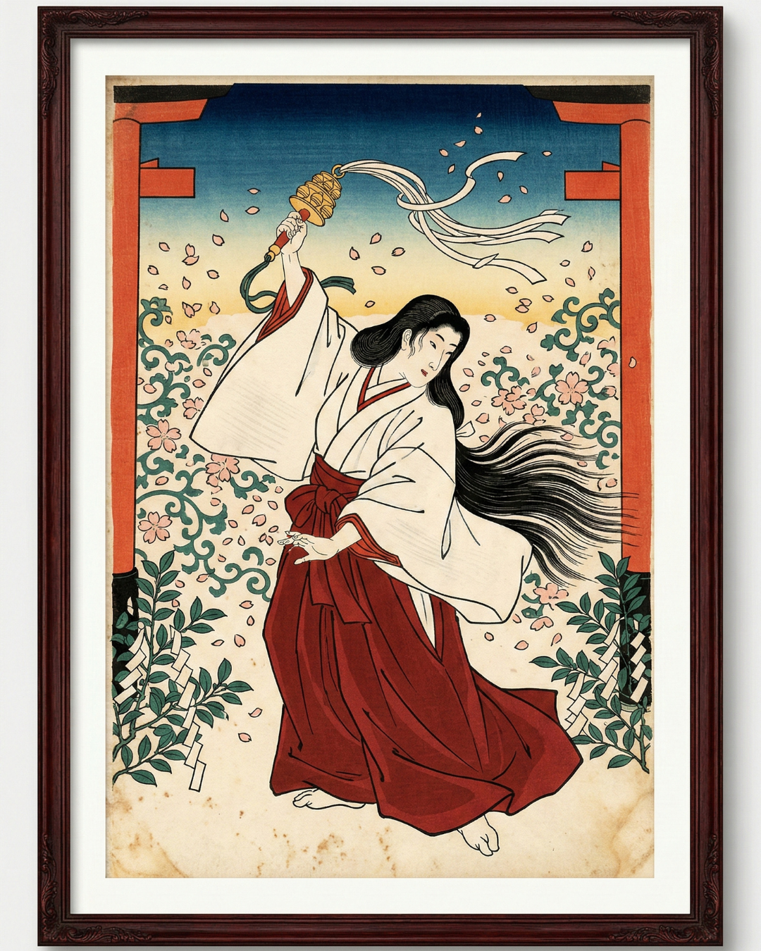 Miko in Blossom Wind | Japanese Ukiyo-e Art Print on Awa Washi