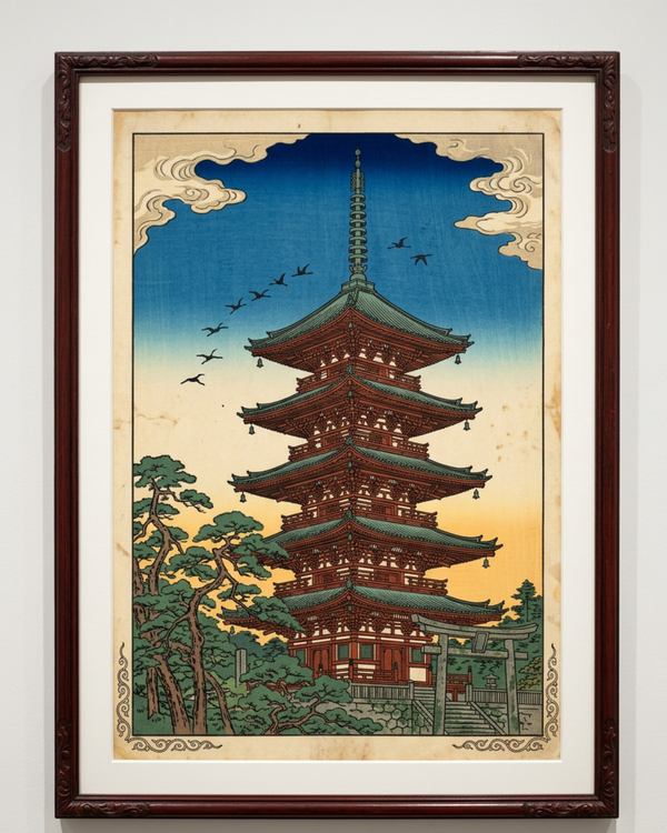 Five-Story Pagoda at Dusk | Japanese Ukiyo-e Art Print on Awa Washi