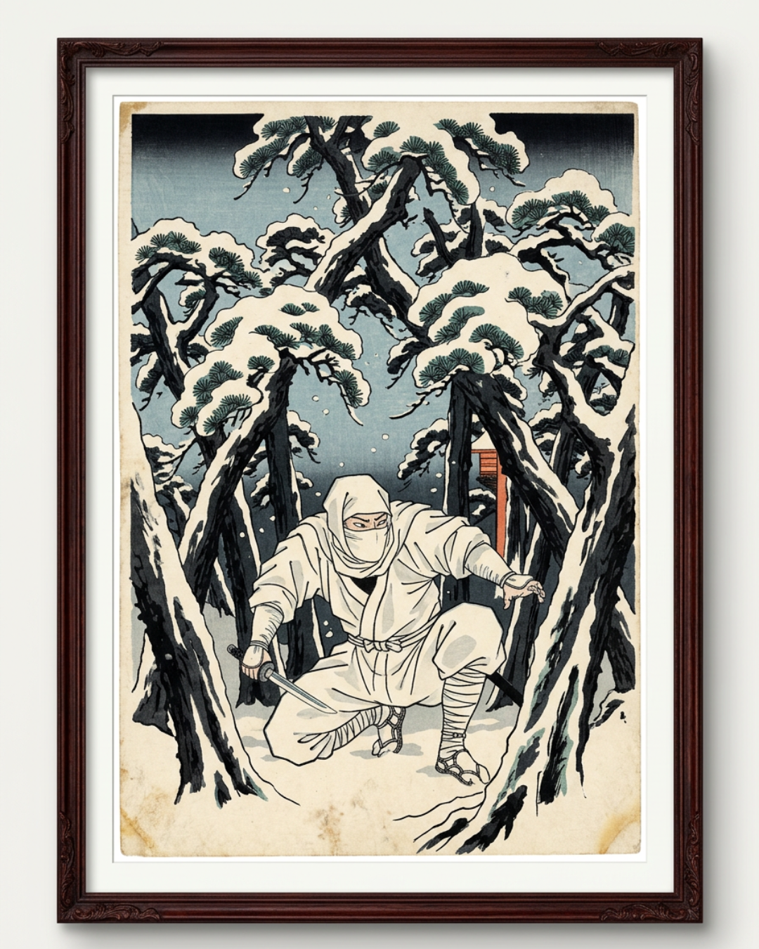Ninja in Snowy Pines | Japanese Ukiyo-e Art Print on Awa Washi