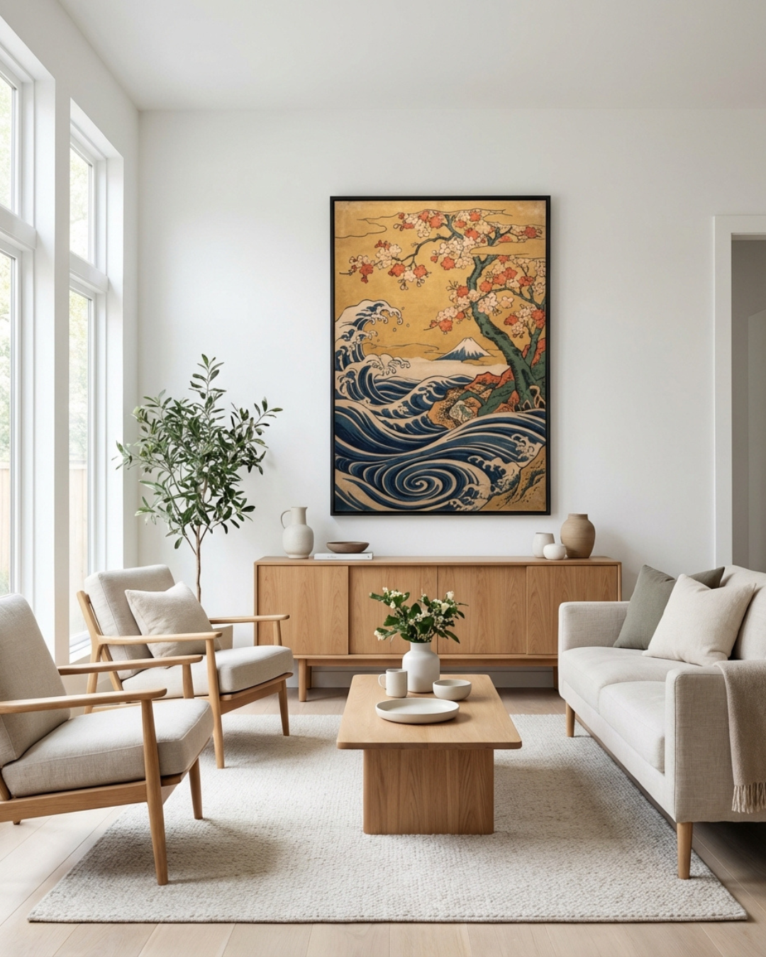 Sakura &amp; Waves | Japanese Ukiyo-e Style Art Print on Awa Washi